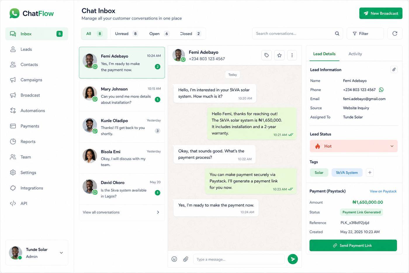 ChatFlow inbox screenshot showing a WhatsApp sales conversation and lead panel
